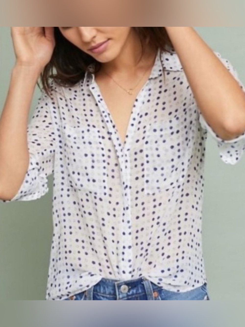 cloth & stone Tavira White Button-Down Blouse with Navy Polka Dots